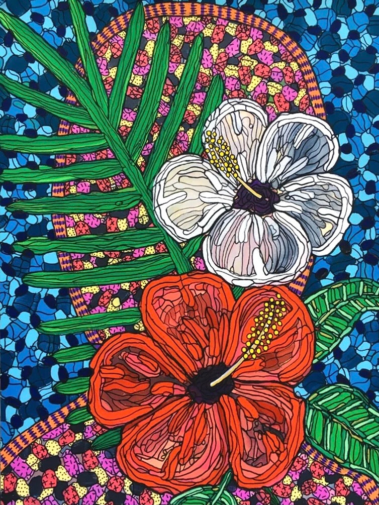SUSANA CACHO - 4"x6" Greeting Card - Mujer Amapolas, Hojas y Cielo