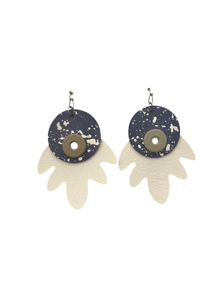 INÉDITO- Big Earrings- Painted Fall Leaves (Colonial Blue & White, Gray Eyelets)