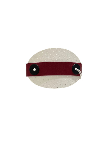INÉDITO- Bracelets- Oval Perforated White and Cranberry Red Strap (Black Eyelets) (7.5")