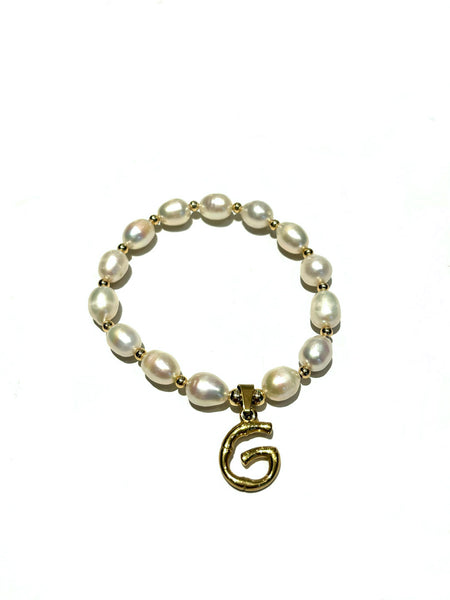 E-HC DESIGNS- Letter Initial Pearl-Gold Elastic Bracelet