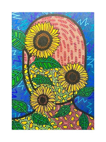 SUSANA CACHO - 5” x 7” Art Print - Mujer Girasoles y Hojas Retr
