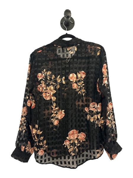 THRIFT- Button Down Black and Floral Blouse - Medium