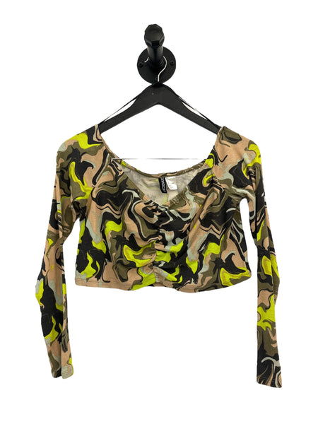 THRIFT- Marbled Green and Cream Long Sleeve Crop Top - Large