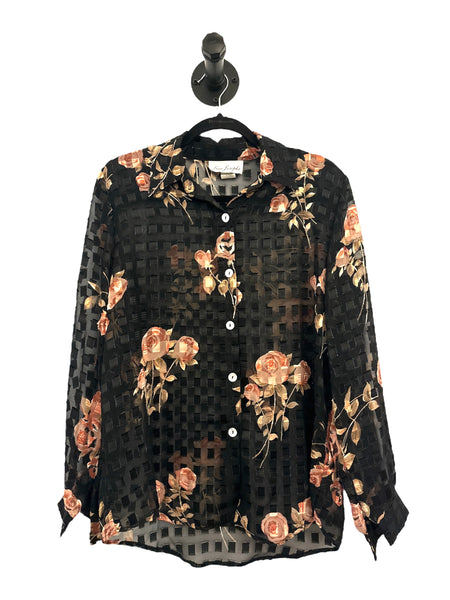 THRIFT- Button Down Black and Floral Blouse - Medium