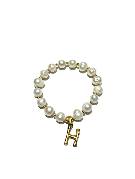 E-HC DESIGNS- Letter Initial Pearl-Gold Elastic Bracelet
