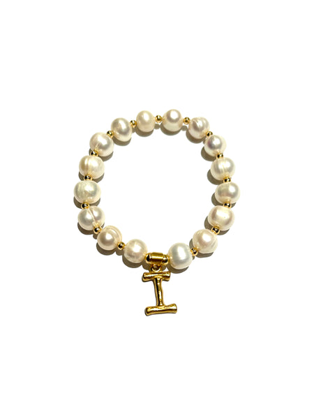 E-HC DESIGNS- Letter Initial Pearl-Gold Elastic Bracelet