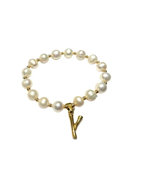 E-HC DESIGNS- Letter Initial Pearl-Gold Elastic Bracelet