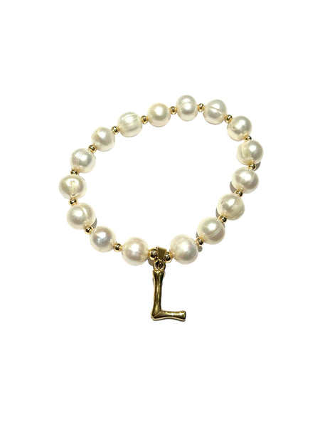 E-HC DESIGNS- Letter Initial Pearl-Gold Elastic Bracelet