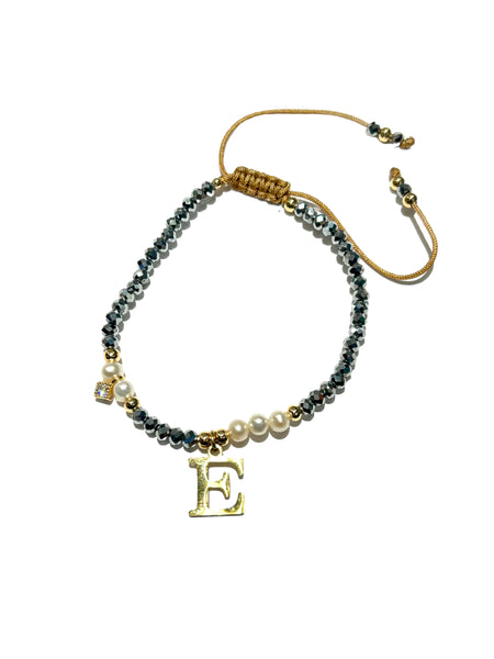 E-HC DESIGNS- Adjustable Silver Mini Crystal Pearl Bracelet With Initial