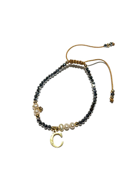E-HC DESIGNS- Adjustable Silver Mini Crystal Pearl Bracelet With Initial