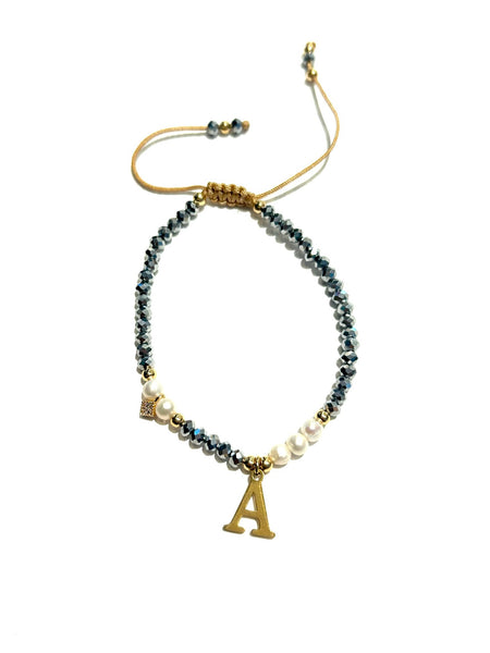 E-HC DESIGNS- Adjustable Silver Mini Crystal Pearl Bracelet With Initial
