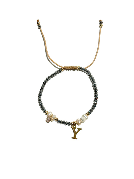 E-HC DESIGNS- Adjustable Silver Mini Crystal Pearl Bracelet With Initial