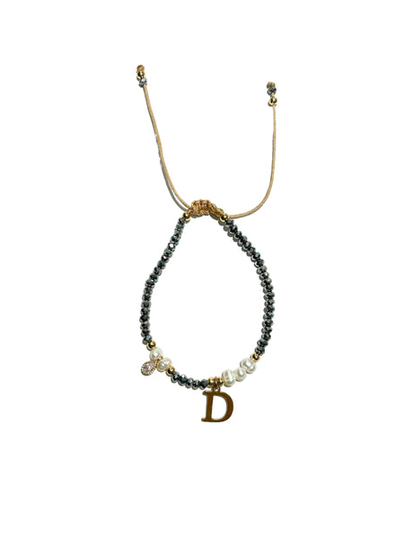E-HC DESIGNS- Adjustable Silver Mini Crystal Pearl Bracelet With Initial