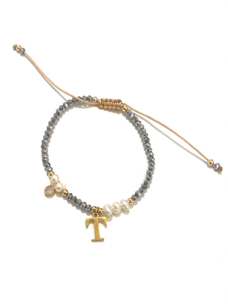 E-HC DESIGNS- Adjustable Silver Mini Crystal Pearl Bracelet With Initial