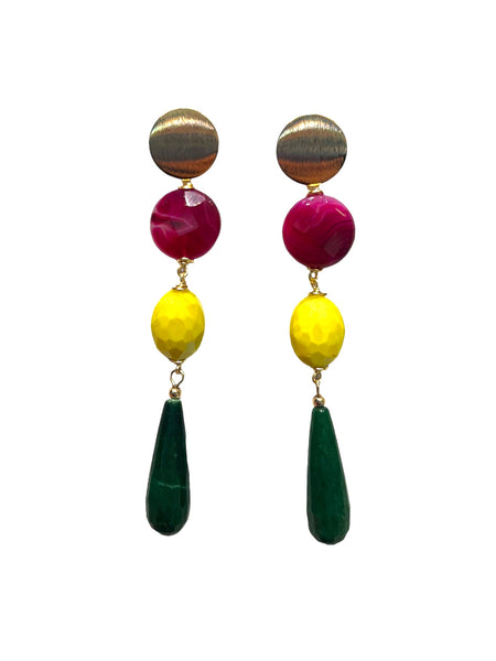 HC DESIGNS- Agate Drop Earrings - Magenta, Yellow, Army Green