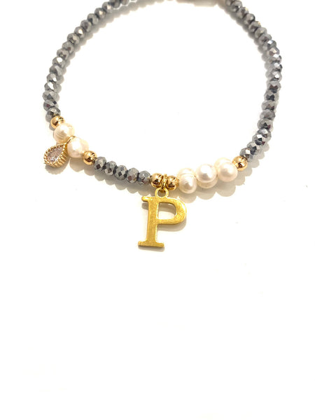 E-HC DESIGNS- Adjustable Silver Mini Crystal Pearl Bracelet With Initial
