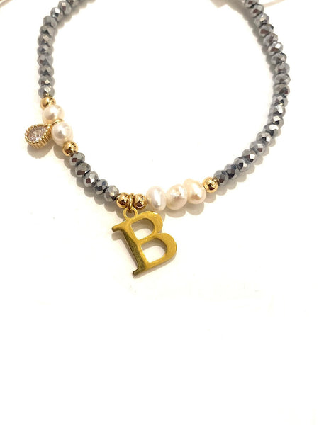 E-HC DESIGNS- Adjustable Silver Mini Crystal Pearl Bracelet With Initial