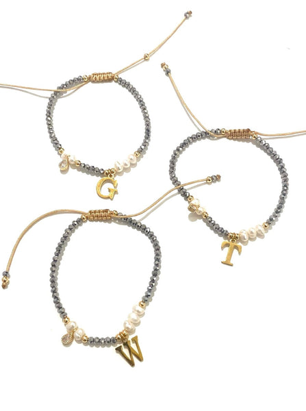 E-HC DESIGNS- Adjustable Silver Mini Crystal Pearl Bracelet With Initial