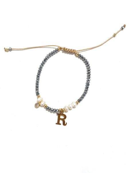E-HC DESIGNS- Adjustable Silver Mini Crystal Pearl Bracelet With Initial