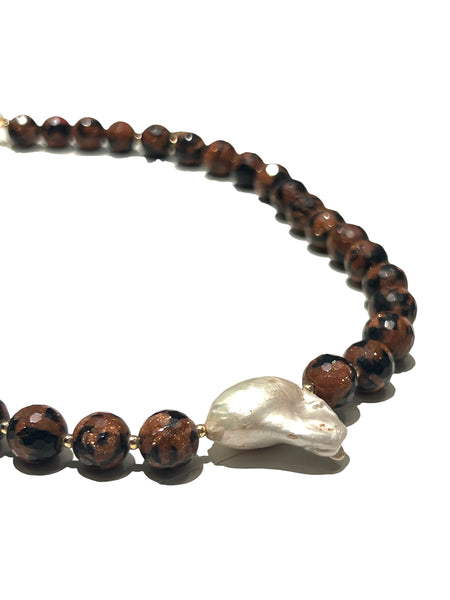 HC DESIGNS- Obsidian Mahogany and Barroque Pearl Short Necklace