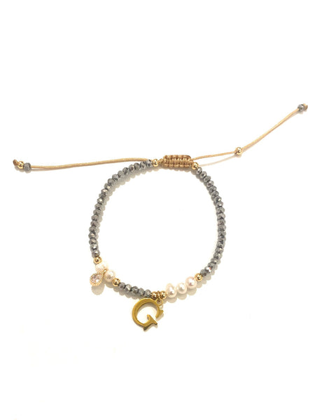 E-HC DESIGNS- Adjustable Silver Mini Crystal Pearl Bracelet With Initial