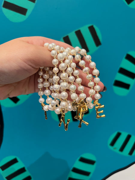 E-HC DESIGNS- Letter Initial Pearl-Gold Elastic Bracelet