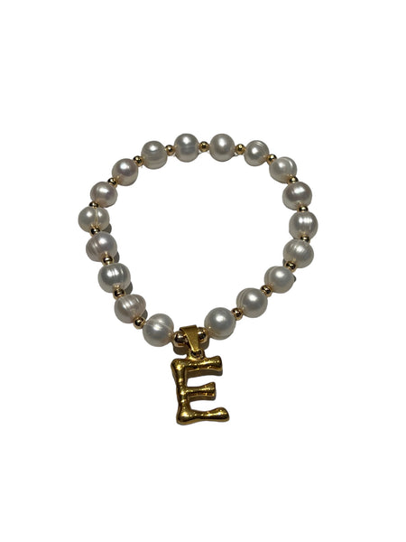 E-HC DESIGNS- Letter Initial Pearl-Gold Elastic Bracelet