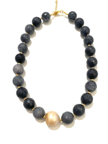 HC DESIGNS- Dark Gray Agate and Pearl Short Necklace