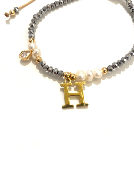 E-HC DESIGNS- Adjustable Silver Mini Crystal Pearl Bracelet With Initial