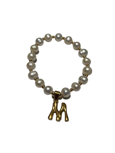 E-HC DESIGNS- Letter Initial Pearl-Gold Elastic Bracelet