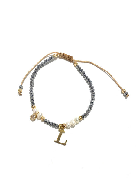E-HC DESIGNS- Adjustable Silver Mini Crystal Pearl Bracelet With Initial