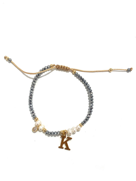 E-HC DESIGNS- Adjustable Silver Mini Crystal Pearl Bracelet With Initial