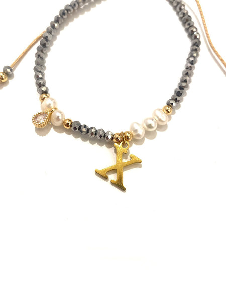 E-HC DESIGNS- Adjustable Silver Mini Crystal Pearl Bracelet With Initial
