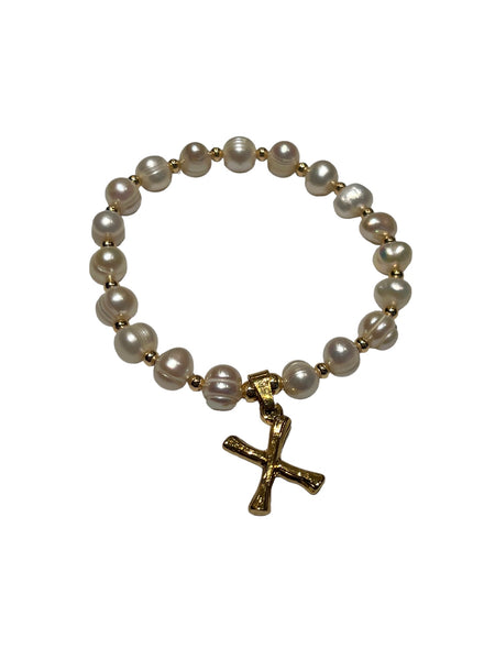 E-HC DESIGNS- Letter Initial Pearl-Gold Elastic Bracelet