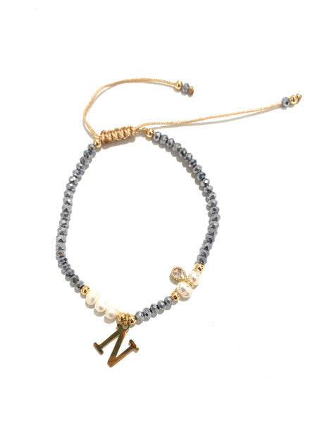 E-HC DESIGNS- Adjustable Silver Mini Crystal Pearl Bracelet With Initial