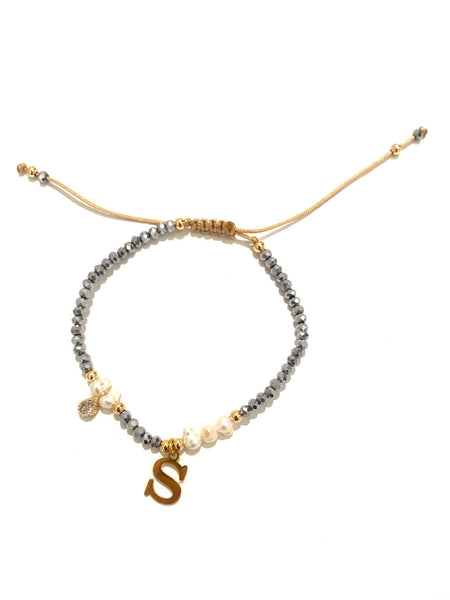 E-HC DESIGNS- Adjustable Silver Mini Crystal Pearl Bracelet With Initial