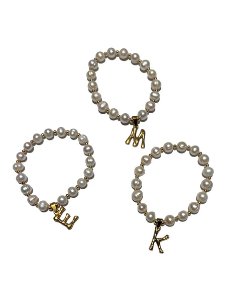 E-HC DESIGNS- Letter Initial Pearl-Gold Elastic Bracelet