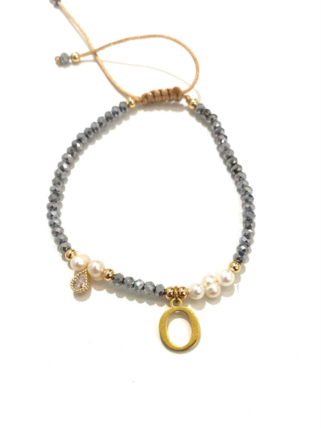 E-HC DESIGNS- Adjustable Silver Mini Crystal Pearl Bracelet With Initial
