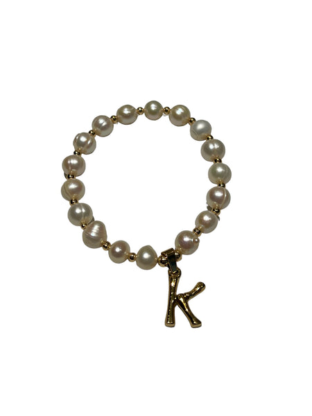 E-HC DESIGNS- Letter Initial Pearl-Gold Elastic Bracelet