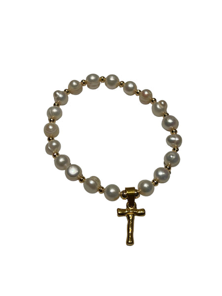 E-HC DESIGNS- Letter Initial Pearl-Gold Elastic Bracelet