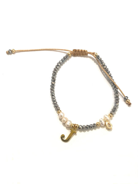 E-HC DESIGNS- Adjustable Silver Mini Crystal Pearl Bracelet With Initial