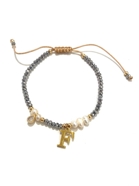 E-HC DESIGNS- Adjustable Silver Mini Crystal Pearl Bracelet With Initial