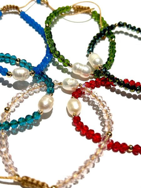 E-HC DESIGNS- Pearl with Crystals Adjustable Bracelets (More colors available)