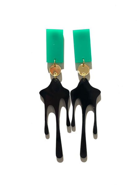 HC DESIGNS- Long Splash Acrylic Black-Green-Gold Earrings