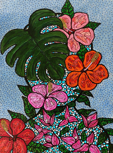 SUSANA CACHO - Art Print - 5” x 7” - Mujer Amapola, Trinitaria y Monstera