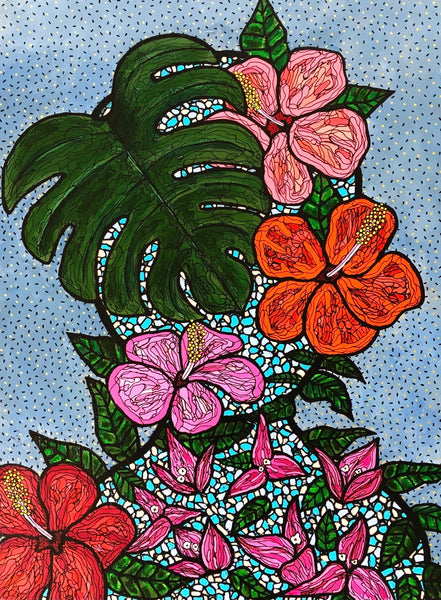 SUSANA CACHO-  4x6 Greeting Card With Envelope- Mujer Amapola, Trinitaria y Monstera