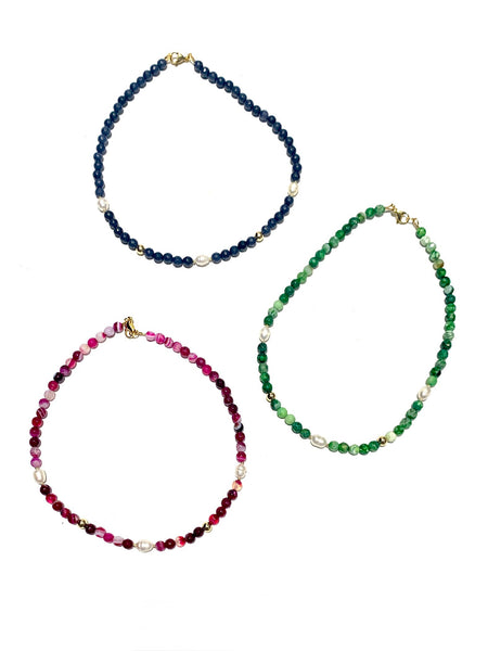 HC DESIGNS- Small Agates and Triple Pearls Short Necklace (different colors available)