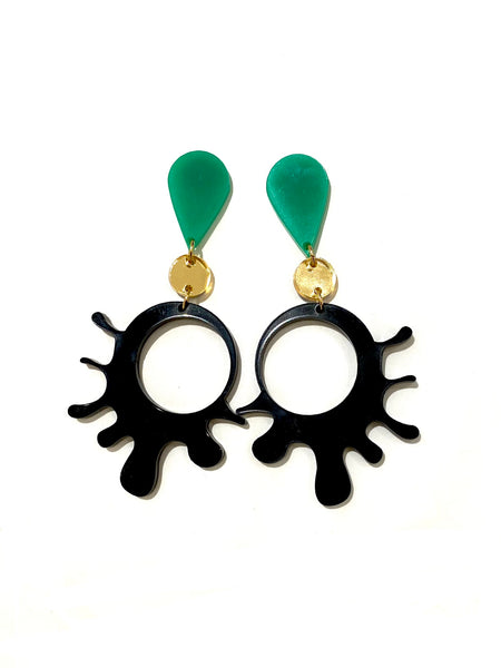 HC DESIGNS- Short Splash Black, Gold Green Acrylic Earrings